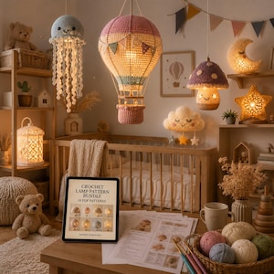 May include: A collection of crochet lamp patterns displayed on a tablet screen, featuring designs for a jellyfish, hot air balloon, mushroom, moon, star, and cloud. The tablet shows the text Crochet Lamp Pattern Bundle 10 PDF Patterns.