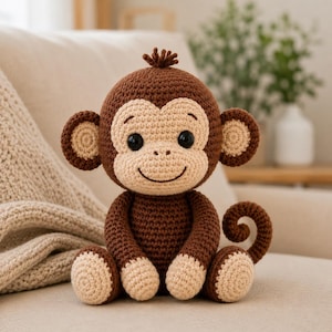 Può includere: Un peluche a forma di scimmia realizzato all'uncinetto nei colori marrone e beige, con testa rotonda, grandi orecchie, coda arricciata e un piccolo ciuffo di pelo sulla sommità. Presenta occhi neri, un sorriso ricamato e dettagli beige chiaro.