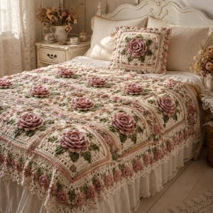 May include: A cream-colored crochet bedspread and matching square throw pillow featuring a repeating pattern of three-dimensional dusty pink roses with sage green leaves. The textile design includes intricate square motifs and a scalloped floral border.