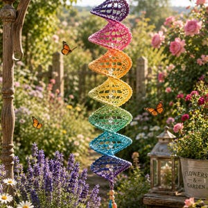 May include: A spiral-shaped crochet wind spinner featuring a vibrant rainbow gradient of purple, pink, orange, yellow, green, blue, and violet yarn. The piece includes clear crystal accents between each section and a multi-colored yarn tassel at the base.