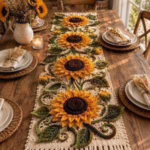 Puede incluir: Un camino de mesa rectangular de ganchillo color crema con cuatro grandes girasoles tridimensionales de centros marrón oscuro y pétalos amarillo brillante, rodeados de intrincadas hojas, enredaderas y flecos verdes.