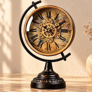 Personalized Vintage Gear Desk Clock, World Map Tabletop Clock, Steampunk Mantel Decor, Custom Name Anniversary Gift for Him, Office Decor