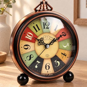 Personalized Desk Clock, Retro Copper-Tone Frame, Colorful Number Dial, Custom Name on Glass, Small Round Tabletop Decor for Study & Bedroom