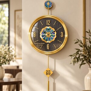 Personalized Gold Pendulum Wall Clock, Custom Family Name & Date, Iridescent Shell Dial, Wedding Anniversary or Housewarming Gift, Newlyweds