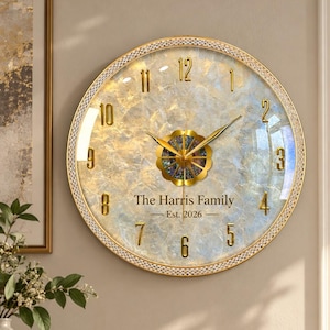 Personalized Mother of Pearl Wall Clock, 15.75 Inch Gold Shell Mosaic Silent Clock, Custom Family Name Date, Wedding Anniversary Gift Decor
