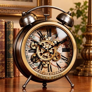 May include: A round, metallic alarm clock with a vintage-style world map face, exposed gold-colored gears, and black Roman numerals. The clock features two top bells and the engraved text "Evelyn & James" on the lower front frame.