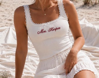 Personalized Bride Lace Tank Top, Custom Embroidered Mrs Cami, Bridal Shower Gift, Honeymoon Outfit, Wedding Tank for Bride