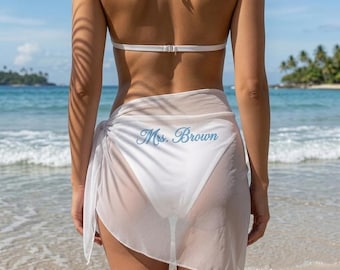 Personalized Embroidered Bride Beach Wrap, Custom Bridal Sarong, Bride Swim Cover Up, Bachelorette Beach Outfit, Honeymoon Gift