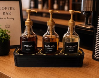 Matte Black 3-Slot Coffee Syrup Bottle Holder with Gold Accents