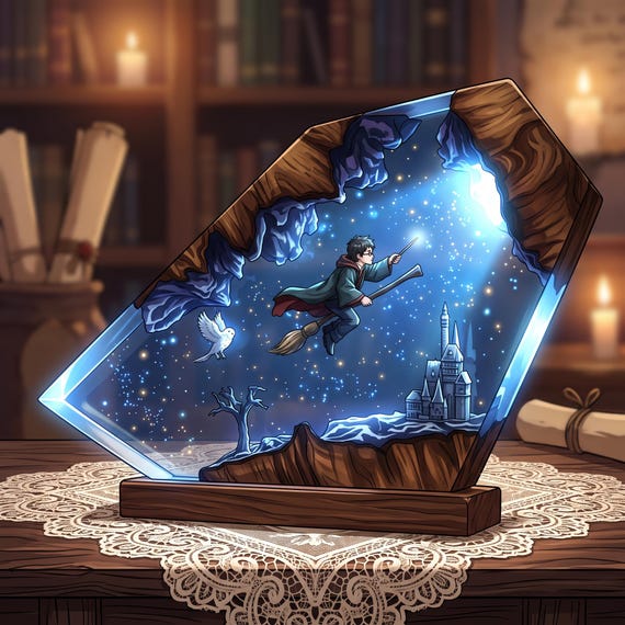 A hand-poured epoxy resin diorama lamp with a flying wizard, magical castle, and remote-controlled color-shifting LEDs — basically a tiny fantasy world sitting on your desk.