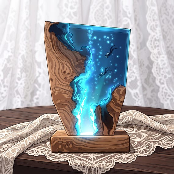 A tiny scuba diver frozen mid-dive inside a glowing epoxy-wood ocean diorama — it's a functional night light AND a miniature world you can stare into.