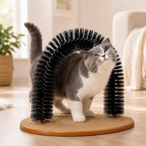 Cat Grooming Arch with Sisal Scratch Base, Self Groomer Massager, Interactive Toy