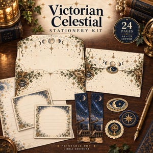May include: A Victorian Celestial stationery kit featuring cream-colored paper and envelopes decorated with moon phases, stars, and astronomical instruments. The set includes 24 pages in A4 and US Letter sizes, with matching bookmarks, circular stickers, and wax seal designs.