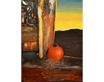 Original Still Life Oil Painting – Vibrant Red Pomegranate at Sunset