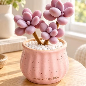 May include: A pink ceramic planter with vertical ridges and speckled texture, containing three stems of rounded, light purple succulent-like leaves. The base of the planter is engraved with the text Emma, a heart symbol, and 10.05.2026.
