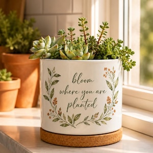 Puede incluir: Una maceta cilíndrica de cerámica blanca con base de corcho y un diseño de corona botánica en verde y naranja. El texto "bloom where you are planted" está impreso en letra cursiva negra en el centro. La maceta contiene varias suculentas.