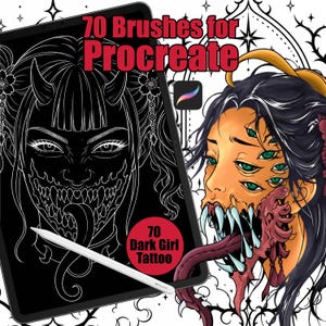 May include: A digital tablet displaying a white line art illustration of a horned figure with a wide, toothy mouth on a black background, accompanied by a white stylus and a full-color version of the same character featuring multiple green eyes.