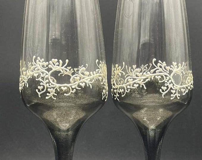 Sakura set of 2 Hand Painted champagne flutes Gatsby style in black and white
