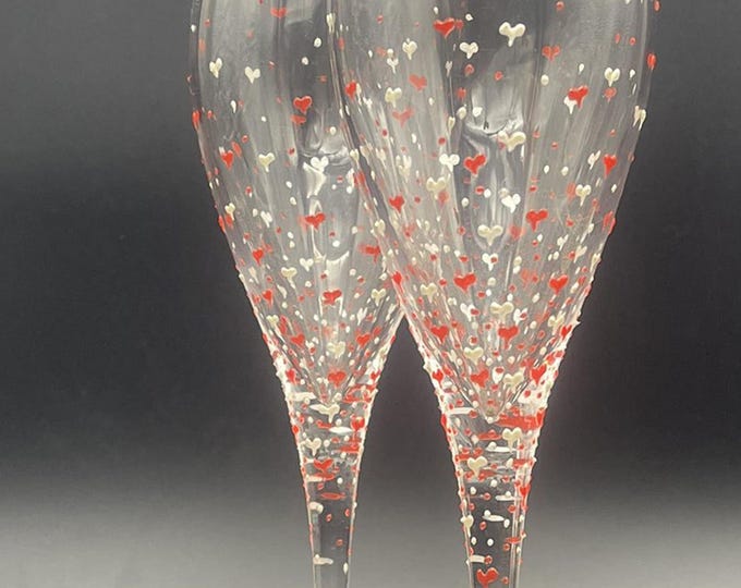 Hand Painted Champagne Glasses: Pearly White & Red Hearts, Set of 2