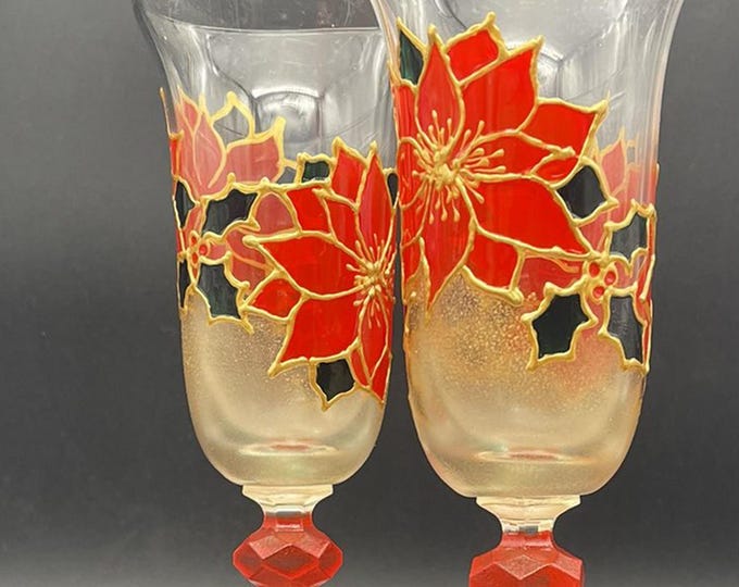 Set of 2 Hand Painted Christmas unique champagne glasses Winter Poinsettia theme