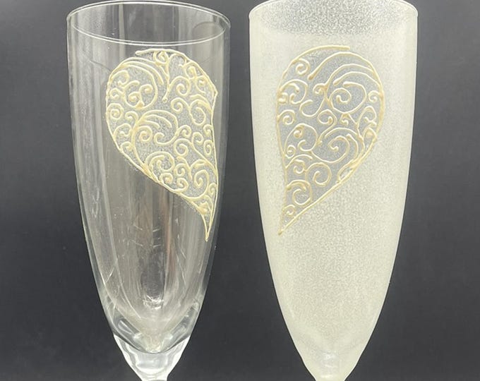 Hand painted white wine/ champagne glasses 2 hearts in 1, set of 2