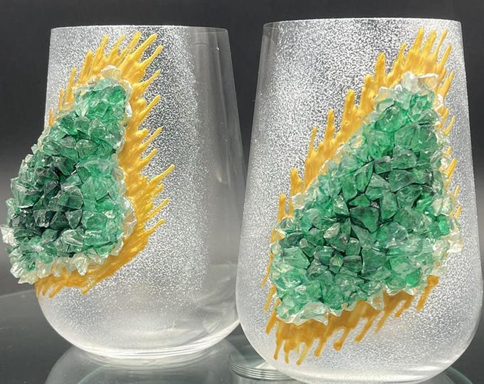 Green geode stemless wine glasses