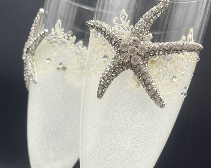 Hand Painted crystal starfish white wine/ champagne glasses