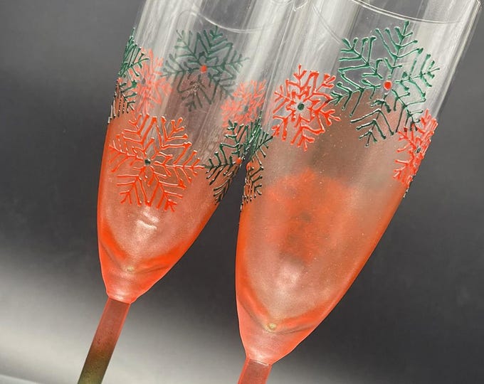 Hand Painted White Snowflake wedding set in red and green: champagne flutes