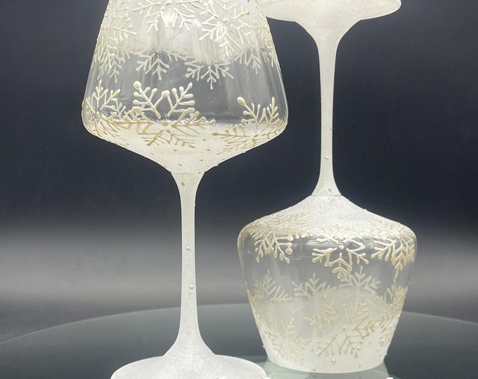 Hand Painted White Snowflake Wine Glasses