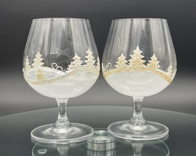 Hand Painted Snowy winter Brandy Whiskey Glasses