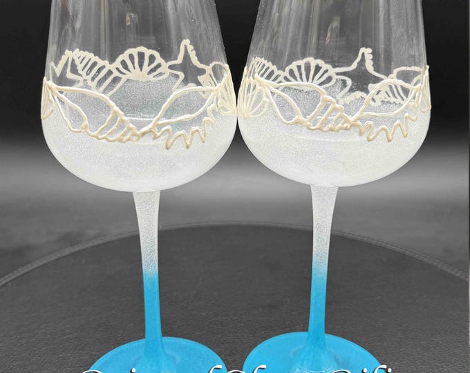 Hand Painted white & blue starfish shells beach Wine Glasses