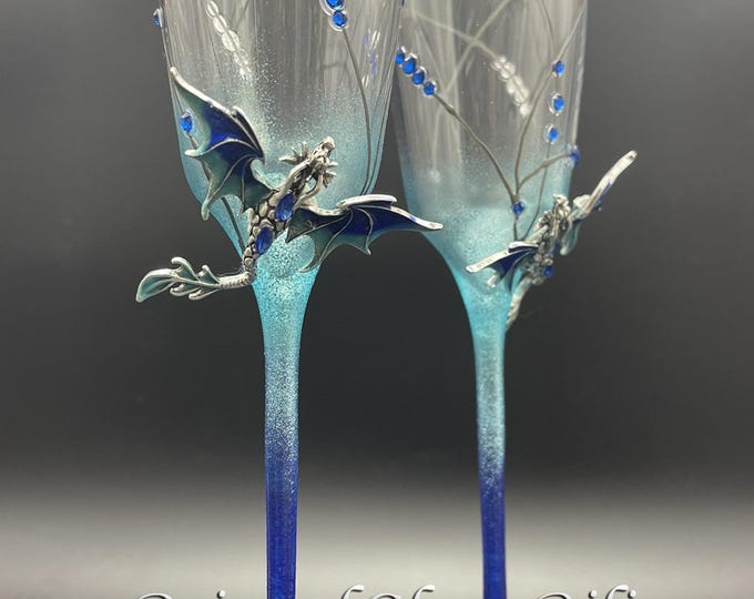 Hand painted Blue dragon wedding flutes