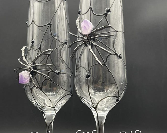 Amethyst crystal spider Halloween champagne flutes