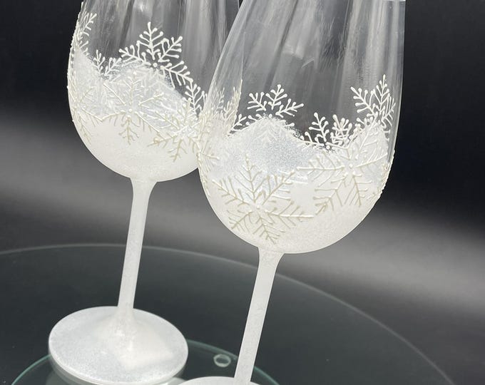 Hand Painted White Snowflake Wine Glasses