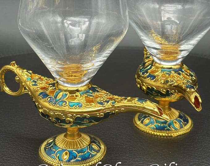 Aladdin magic lamp wedding champagne flutes, gold & turquoise color, fairytale wedding glasses