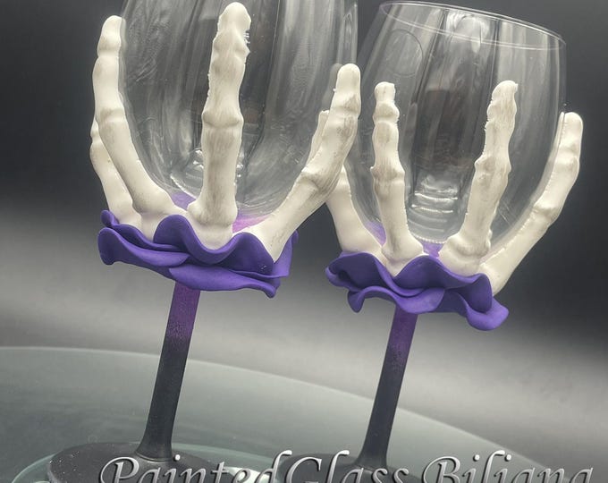 Hand Painted Skeleton Wine Glasses: Halloween Wedding Set of 2