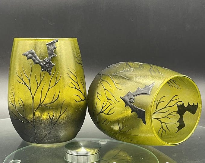 Hand Painted Halloween stemless wine glasses: Black and yellow Bats, Set of 2