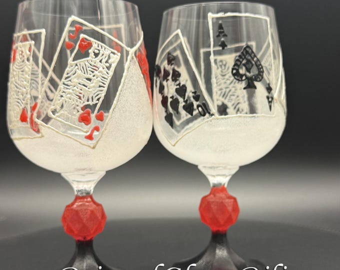 Hand Painted Wine Glasses, Las Vegas Poker Cards, Casino Royal Flush (Set of 2)