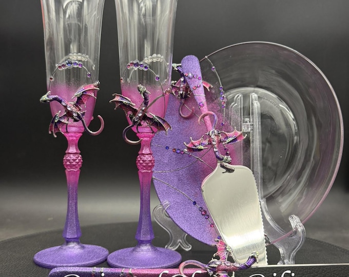 Hand painted Purpe magenta dragon wedding set cake server, cake knife and a plate