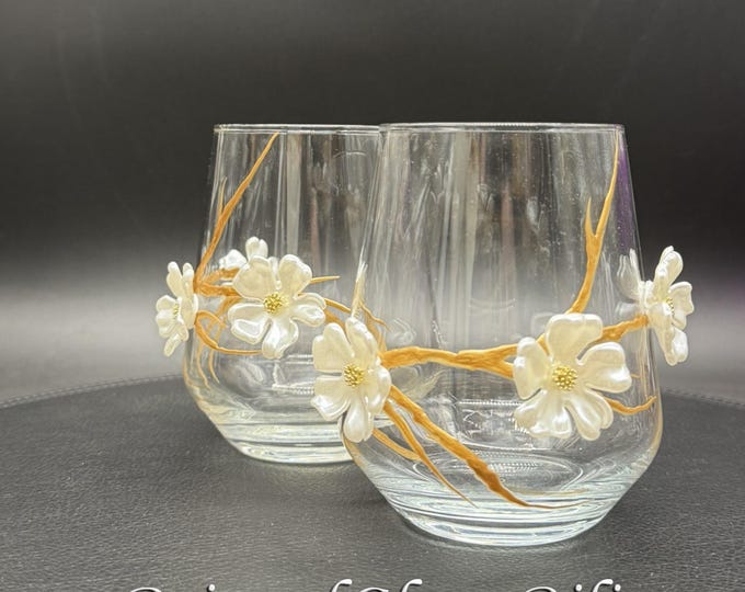 Sakura set of 2 Hand Painted stemless wine glasses Cherry blossom