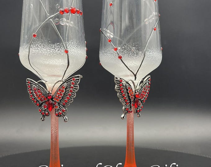 Hand painted Red butterfly champagne flutes