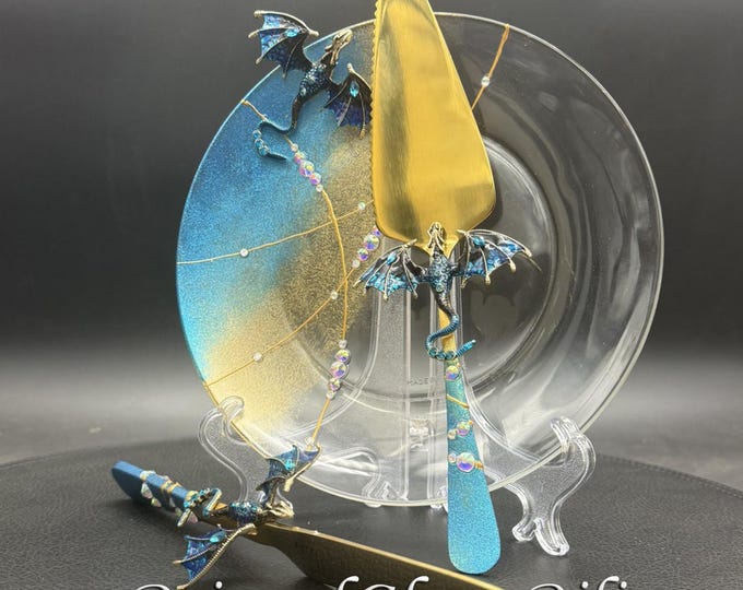 Hand painted Blue & gold dragon wedding set cake server, cake knife and a plate