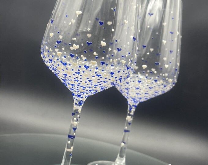 Hand Painted Wine Glasses: Pearly White & blue Hearts, Set of 2