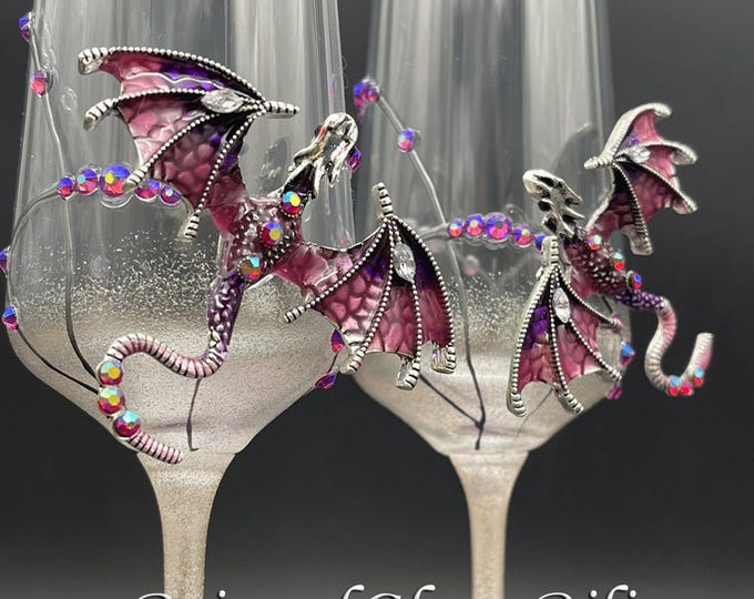 Hand painted Purple dragon wedding flutes