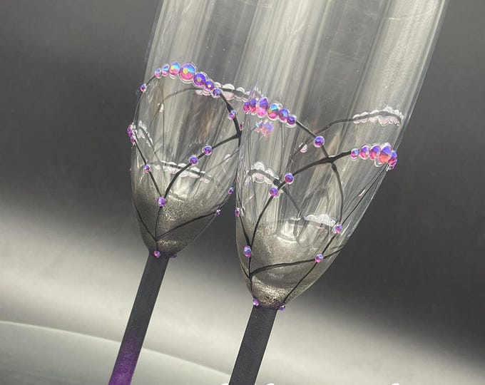 Purple & black pained white wine/ champagne glasses