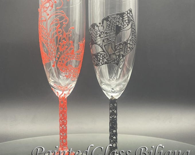 Champagne flutes Set of 2 Lace domino Masquerade mask in Black and Red
