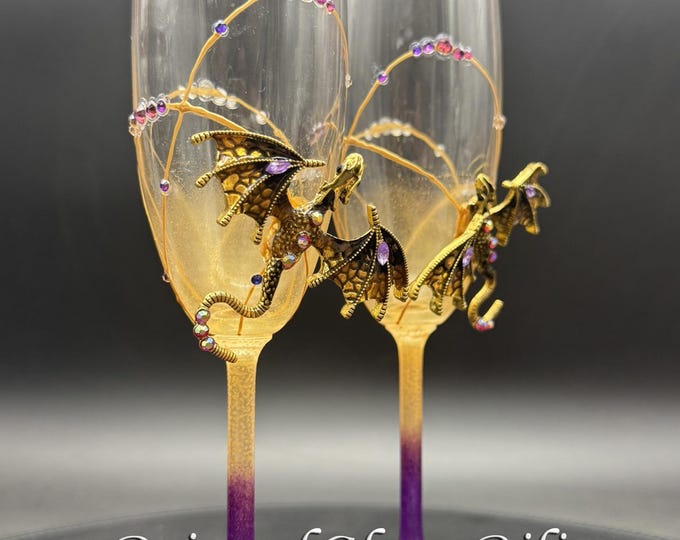 Hand painted Purple gold dragon wedding flutes