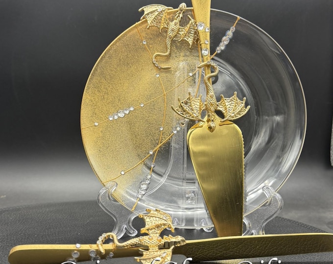 Hand painted Gold dragon wedding set cake server, cake knife and a plate