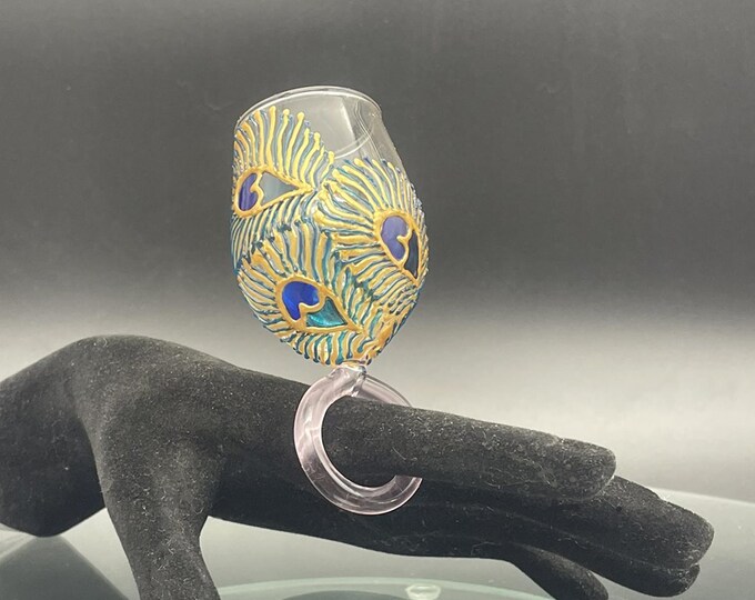 Gold & blue peacock feather ring wine glass, small