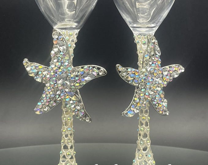 Hand Painted crystal starfish champagne flutes